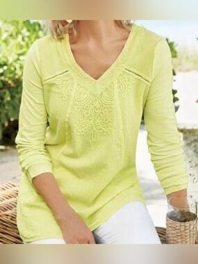 #z183 - Soft Surroundings Azulle Pullover V-Neck Embroidered Tunic Citron Yellow